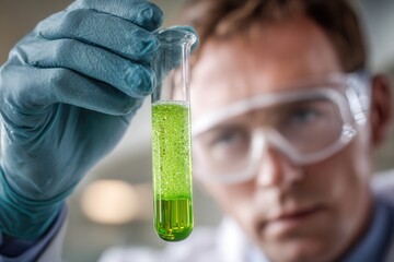 A dedicated scientist in safety goggles meticulously examines a bubbling green liquid within a test tube