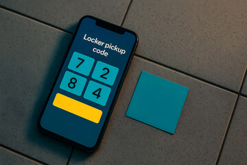 Smartphone Screen Displaying Locker Pickup Code for Parcel Delivery on Tiled Floor