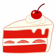 Red Velvet Cake Slice With Cherry in Cute Flat Style for Sweet Designs