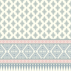 Abstract Geometric Ethnic Textile Pattern. Vector Illustration of Asian Woven Silk Background. Thai Sarong Style with Diamond and Flower Motifs.