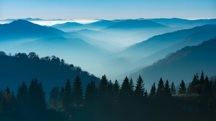 Blue Toned Mountain Layers and Trees
