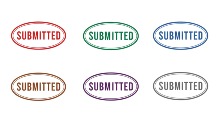 Set of six oval rubber stamps with the word "Submitted" in different colors on transparent background