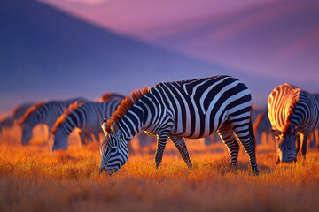 Naklejka premium Zebras grazing in a golden field with distant mountains at sunset Generative AI