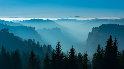 Foggy Valley with Blue Mountain Ridges