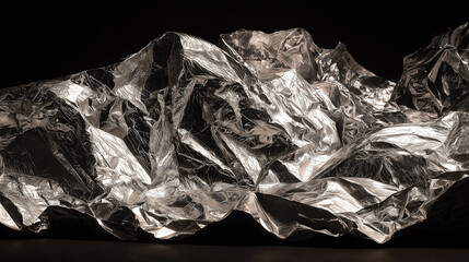 Modern Crumpled Silver Foil Texture Close-up, Rich Light and Shadow for Premium Packaging and Tech Backgrounds