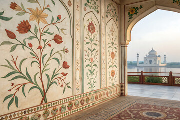 Traditional Indian mural floral vines, earthy tones and watercolor effect"