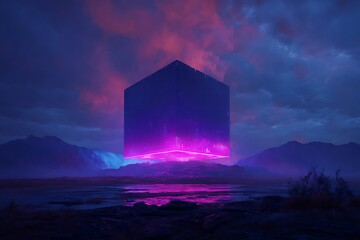 Enigmatic glowing rectangular structure hovers above a dark, desolate landscape under a stormy twilight sky