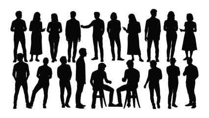 Silhouettes of people in various poses isolated on white