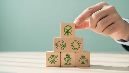 Sustainable healthcare concept – hand stacking wooden blocks with eco icons

