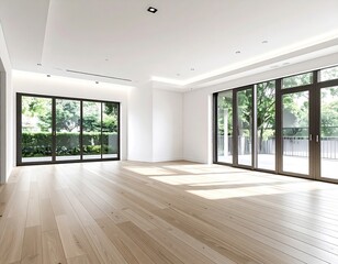 Obraz premium Empty bright room with hardwood floor and large windows
