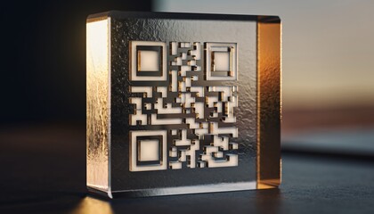 QR Code in Glass Block with Golden Edge on Dark Background.
