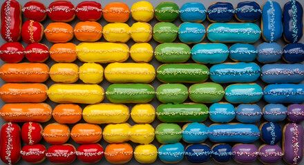 Vibrant rainbow of delicious eclairs, a delightful treat for bakeries, cafes, and dessert shops, perfect for showcasing colorful, sweet creations