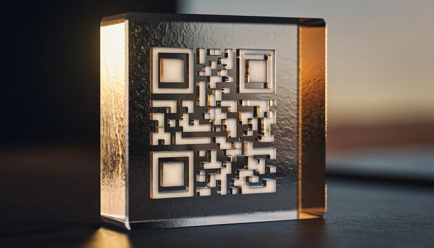 QR Code in Glass Block with Golden Edge on Dark Background. - Powered by Adobe