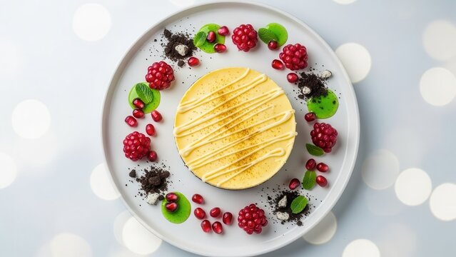 Gourmet round cheesecake with raspberry, pomegranate seeds, mint, and chocolate crumble garnish on a white plate, festive bokeh background, 190 characters max