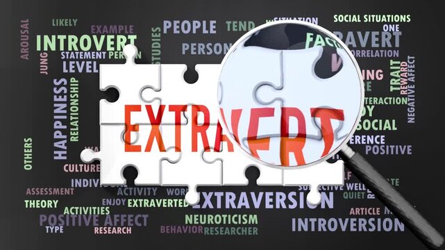 Extravert under magnifying glass, being researched, studied and examined. Most important subjects and ideas closely related to extravert written around a puzzle.Can be looped.