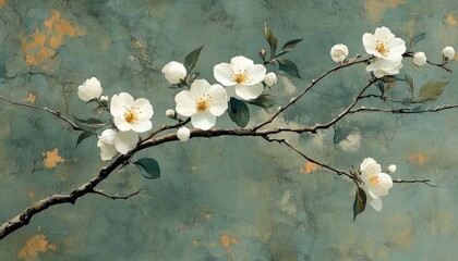 Branch of white blossoms, with textured green backdrop. Use as background for quotes, or spring floral concepts.