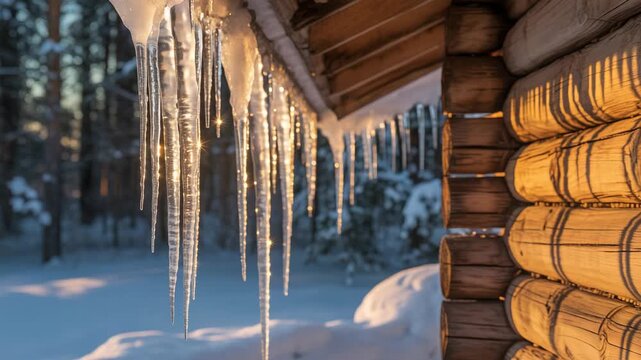 Log cabin with icicles in snowy forest