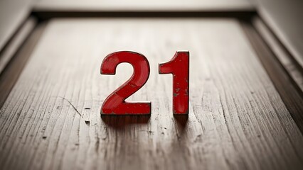 Dramatic close up of the number twenty one in bold red against a weathered wood background