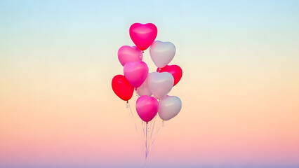 Fototapeta premium Floating heart shaped balloons against a soft pastel gradient sky creating a celebratory atmosphere