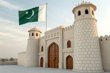 Obraz premium Pakistani national flag flying proudly above a majestic stone fortress entrance under soft daylight