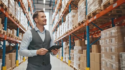 Business professional in a warehouse checks inventory on a tablet, showcasing organized shelves and boxes, camera follows with a smooth dolly movement - Powered by Adobe