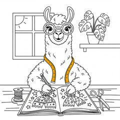 Fototapeta premium Smart llama wearing glasses sketching dress designs in book coloring page