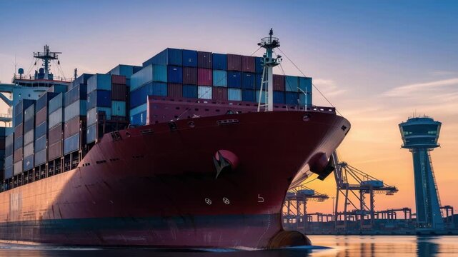 A large container ship is at the port during sunset with cranes ready for loading and unloading