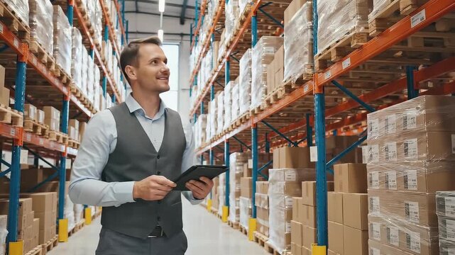 Business professional in a warehouse checks inventory on a tablet, showcasing organized shelves and boxes, camera follows with a smooth dolly movement