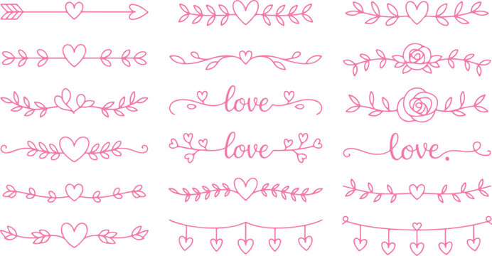 Whimsical pink love and heart themed decorative line art elements