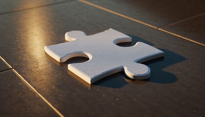 Single white puzzle piece resting on a dark wooden floor with a warm light illuminating it.