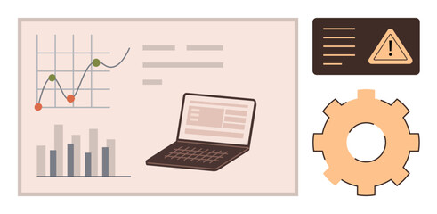 Laptop with charts and graphs indicating analysis and progress, risk alert icon for caution, gear symbolizing workflow and process optimization. Ideal for business, strategy, technology