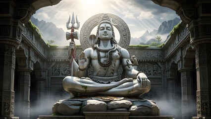 Epic Stone Statue of Lord Shiva in Ancient Temple with Dramatic Lighting and Sacred Atmosphere &ndash; Detailed Hindu Architecture, Mystical Spiritual Scene, Divine Meditation Energy