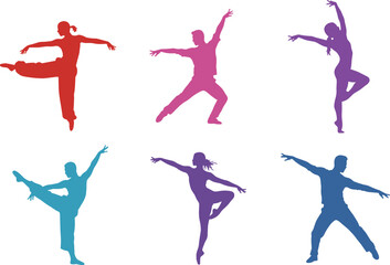Six colorful silhouettes of dancers in dynamic poses, performing arts and motion concept, cad drawing flat vector illustration