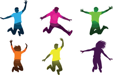 Six colorful silhouettes of people jumping with joy, celebration and vitality concept, cad drawing flat vector illustration