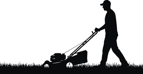 Silhouette lawn mowing worker pushing grass cutter, outdoor gardening maintenance scene, professional landscaper illustration, clean vector design, cad drawing flat vector illustration