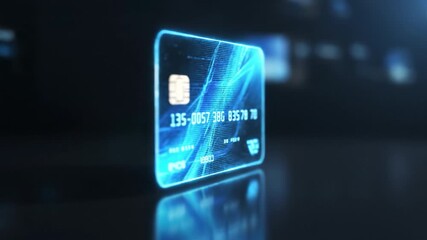 Digital credit card glowing with blue holographic lines and chip, showcasing advanced technology, secure electronic payment system, and innovative finance security on dark background