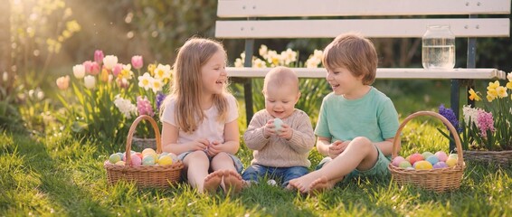 Children enjoy Easter egg hunt in garden during spring afternoon