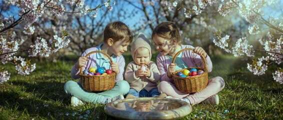 Children gather eggs in a flower garden during Easter time