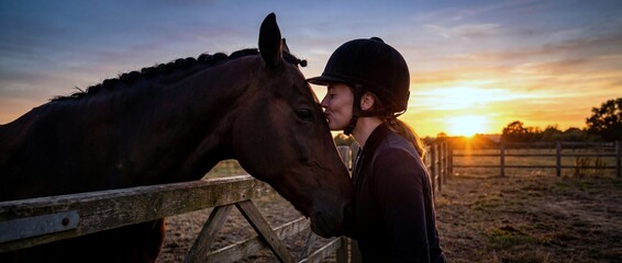 Woman in helmet kisses horse at sunset on farm