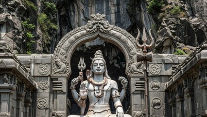 Epic Stone Statue of Lord Shiva in Ancient Temple with Dramatic Lighting and Sacred Atmosphere &ndash; Detailed Hindu Architecture, Mystical Spiritual Scene, Divine Meditation Energy