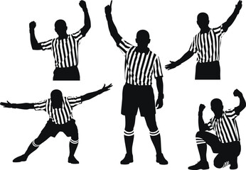 Silhouette referee poses set showing sports officiating signals, action gestures, and dynamic movement in black vector style for professional illustrations