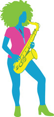 Stylized saxophonist with green hair playing yellow saxophone, vibrant music performance, colorful rhythm concept, expressive pose, artistic instrumental scene