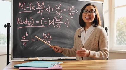 Educator explains complex mathematical concepts on chalkboard, engagingly using pointer, with camera zooming in to emphasize details and expressions - Powered by Adobe