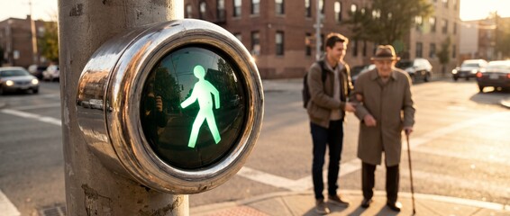Two people cross the street at a green pedestrian signal