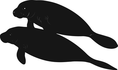 Silhouette of two manatees swimming together, cartoon marine animal illustration, gentle aquatic mammals, nature conservation concept, white background