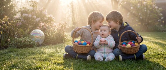 Two children sit with a baby in a garden during daytime