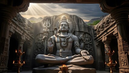 Epic Stone Statue of Lord Shiva in Ancient Temple with Dramatic Lighting and Sacred Atmosphere &ndash; Detailed Hindu Architecture, Mystical Spiritual Scene, Divine Meditation Energy