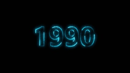 1990 Sal neon bright number cyan color 4k illustration. Clock icon 1990-year beautiful neon text concept on black background.
