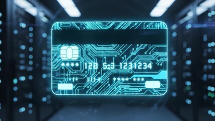 Digital credit card circuit board glowing blue light with futuristic technology holographic interface floating in data center showcasing secure online payment and cyber security elements - Powered by Adobe
