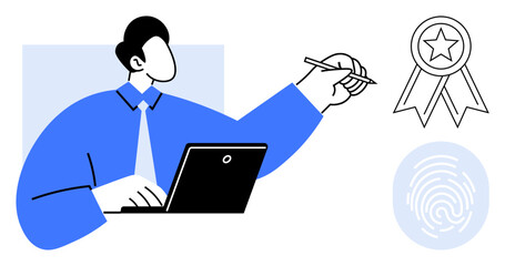 Business success, digital identity verification, cybersecurity, recognition, trust, business excellence. A person working on a laptop, signing with award and fingerprint symbols. Business success